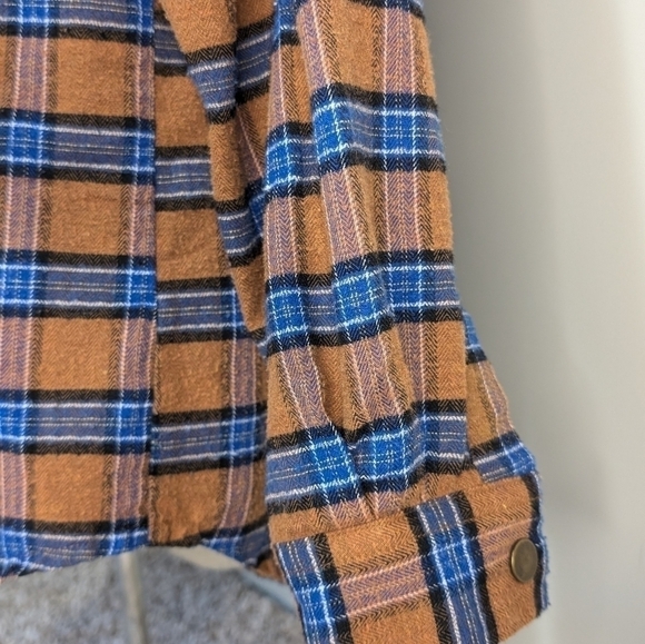 Z Man Plaid Long Sleeve Fleece Hoodie Size Small Snap Pockets Orange Blue - Picture 5 of 8